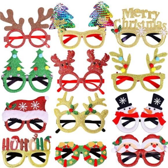 Max Fun 12Pcs Christmas Glasses‎ Glitter Holiday Party Eye Glasses Frames Photo - Picture 1 of 6